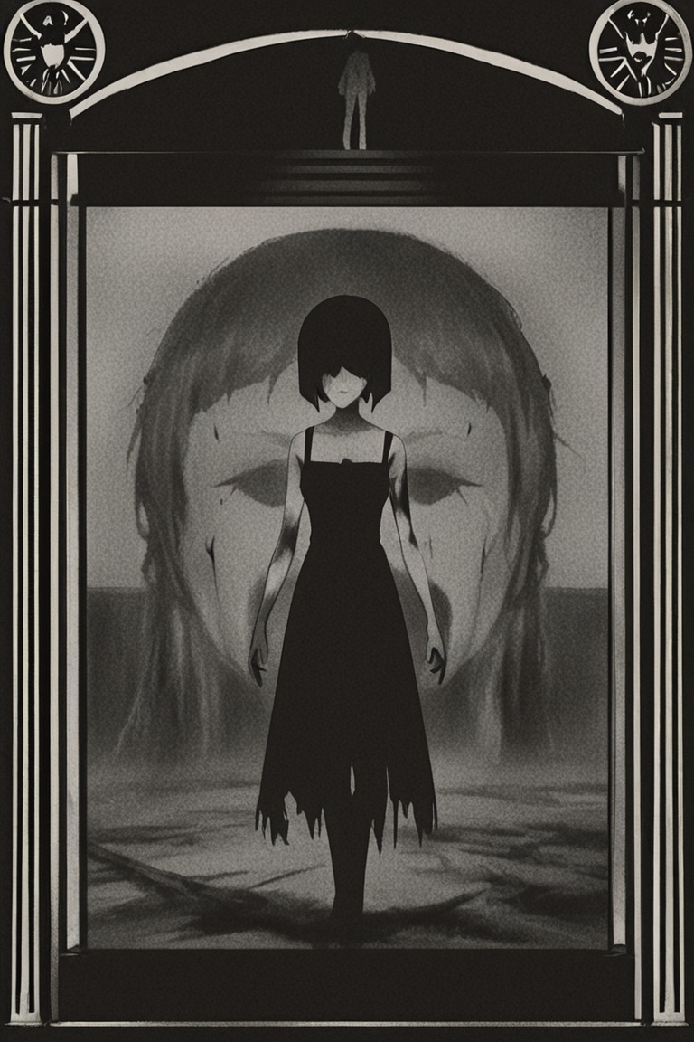 Anime girl visiting a burned-out museum where ash forms ghost paintings,  dark and haunting anime art" on Tensor.Art