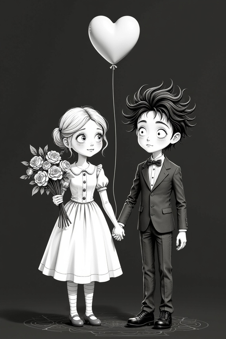 The image depicts two characters,  a girl and a boy,  dressed in Victorian-style clothing. The girl is holding a bouquet o...