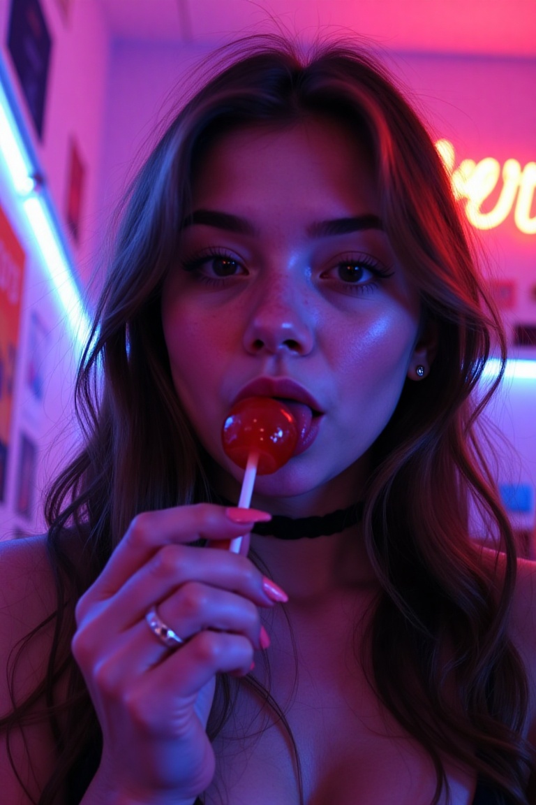 Cute girl looking at the camera with her tongue out. she is licking a lollipop,  sensual expression. The background is a d...