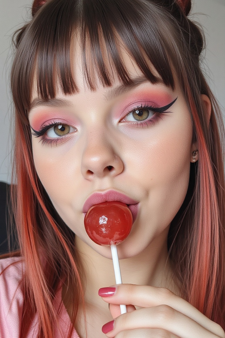 Emma licking a ball shaped lollipop while looking into the camera,  cute girl,  shining pink lip gloss on Tensor.Art