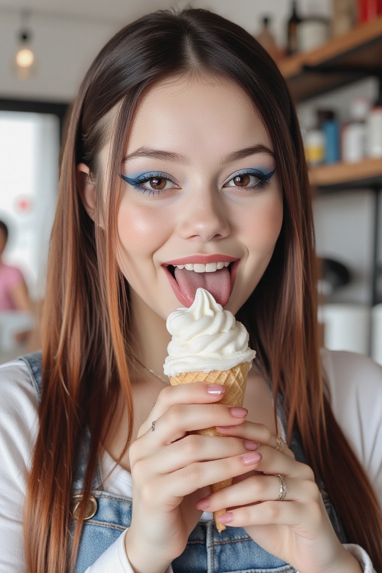 Emma licking an icecream cone while looking into the camera,  cute girl,  shining blue lip gloss on Tensor.Art