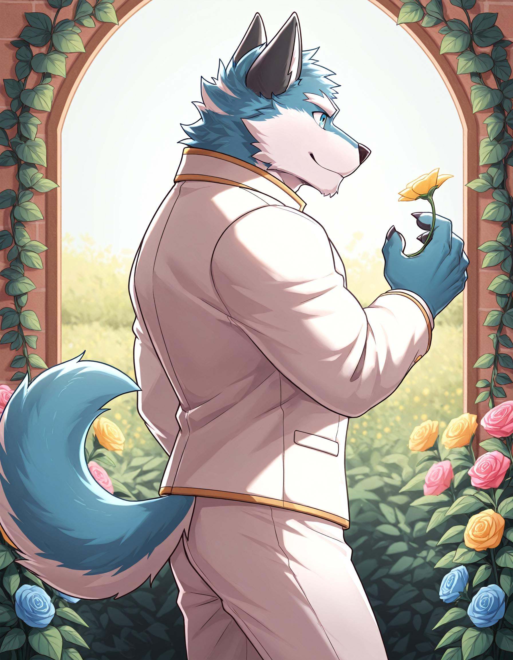 1boy. A drawing of a nude anthro wolf wearing a white jacket with gold trims and white pants. He is standing in the garden...