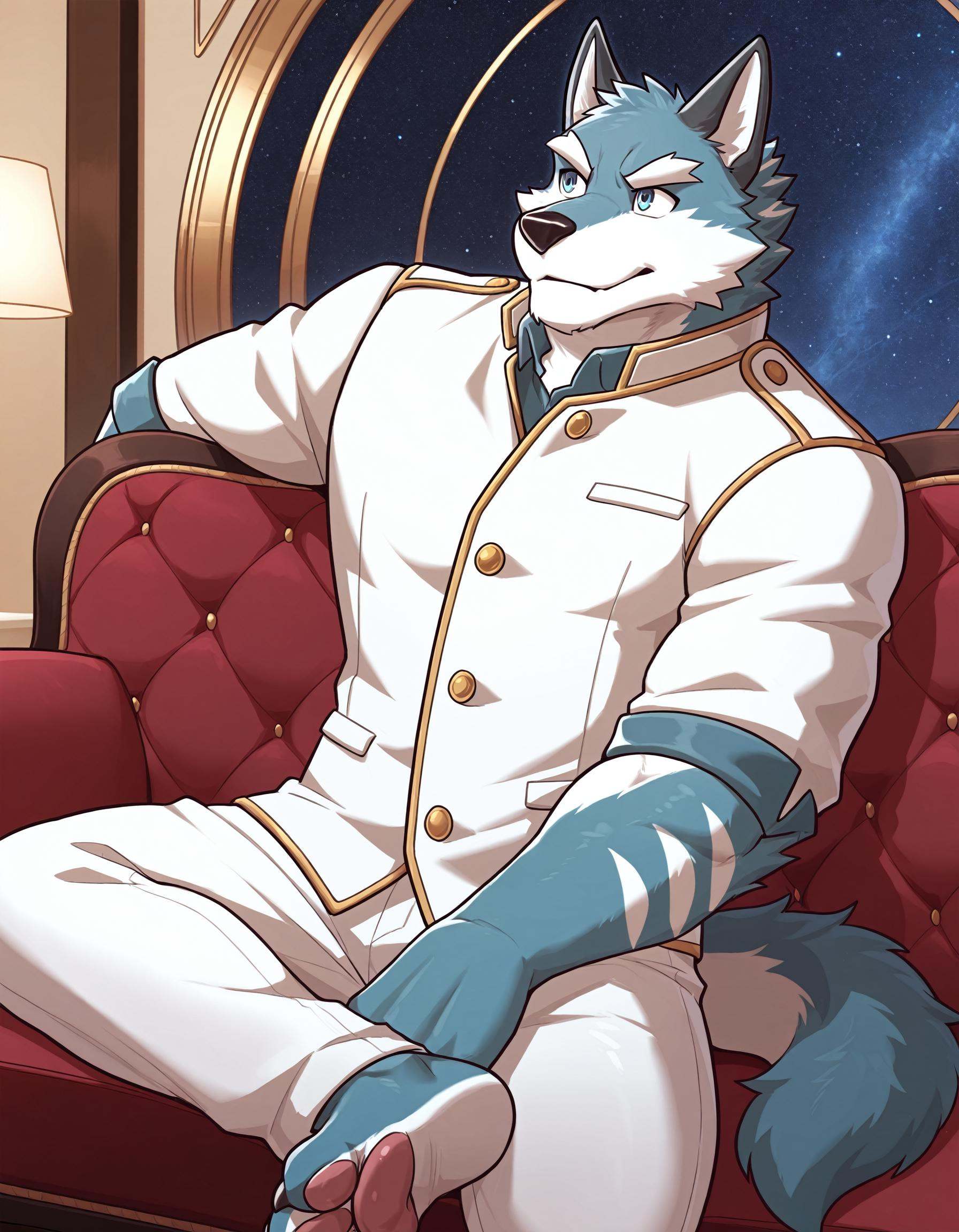 1boy. A drawing of an anthro wolf wearing a white jacket with gold trims and white pants sitting on a red velvet couch ins...
