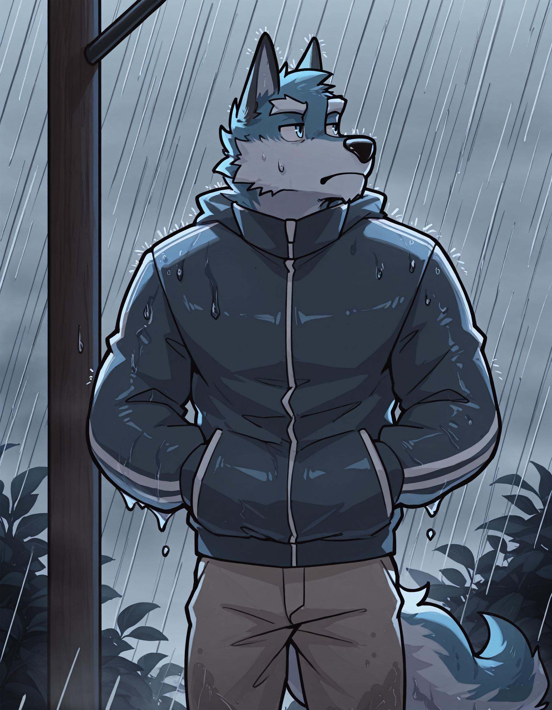 1boy,  by gr3yyy. A drawing of an anthro wolf wearing a jacket and pants standing outside in the rain. He is looking upset...