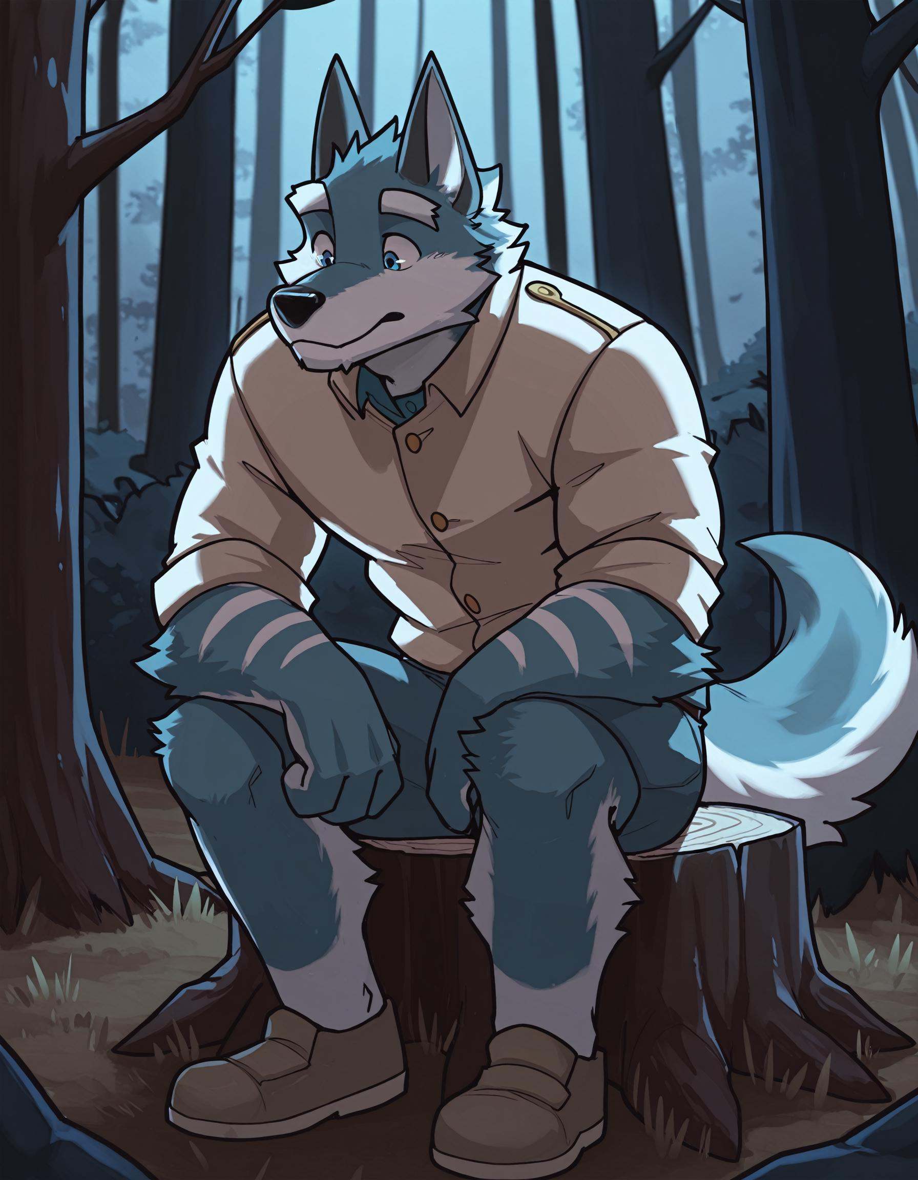 1boy,  by gr3yyy. A drawing of an anthro wolf sitting on a tree stump in a forest leaning forward with his elbows on his k...