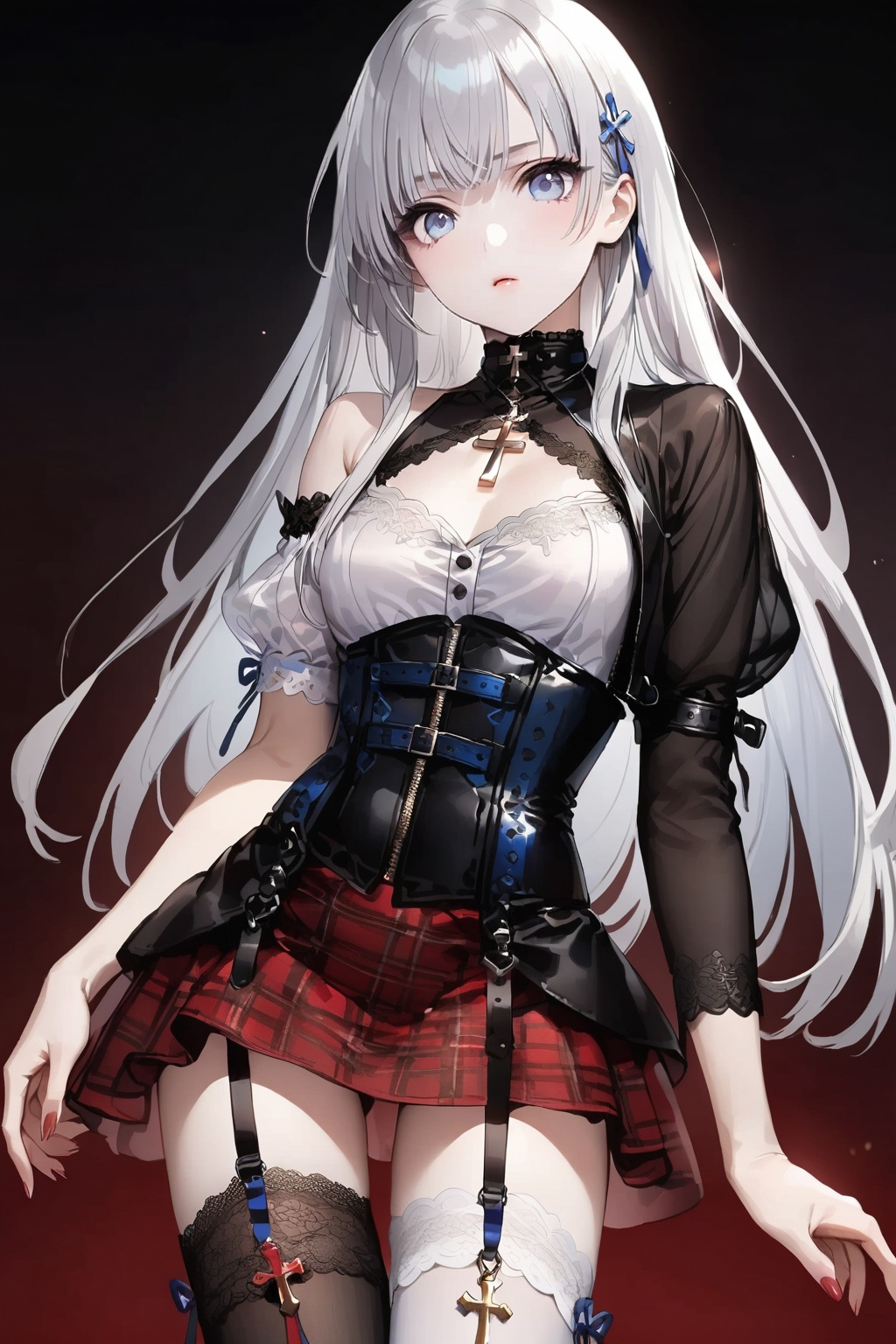 A pale silver long hair anime style girl. Blue eyes. She wears a red and black outfit. The zippered top is a corset-like w...