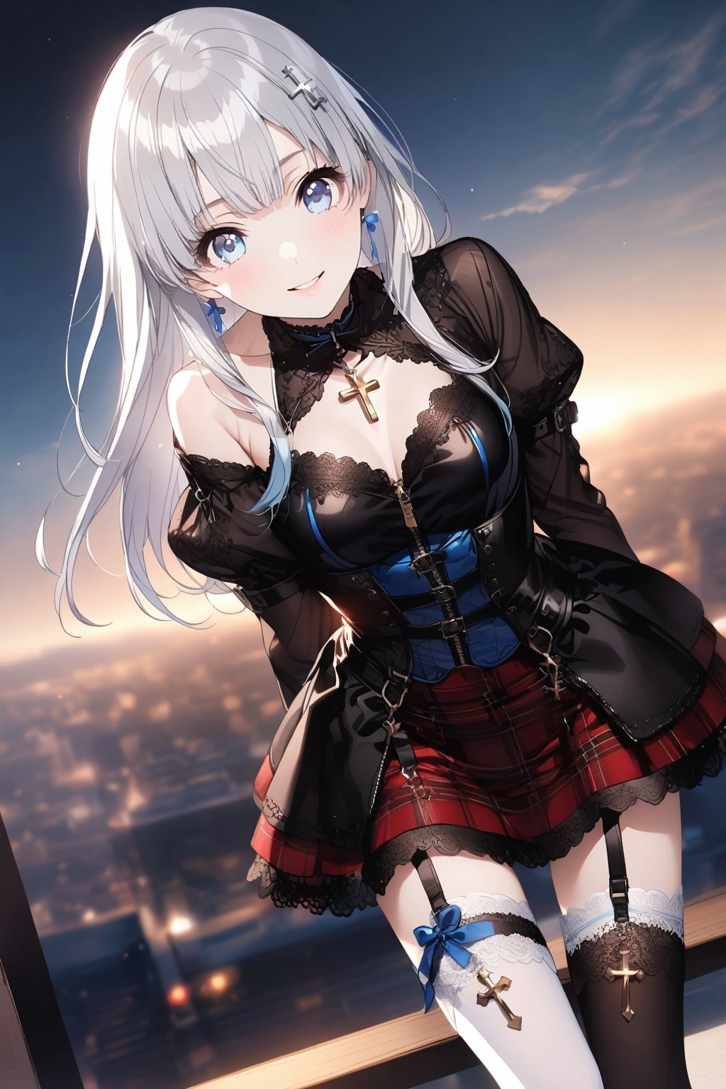 A smiling anime-style girl with long pale silver hair. Blue eyes. She is wearing a red and black outfit. The zippered top...