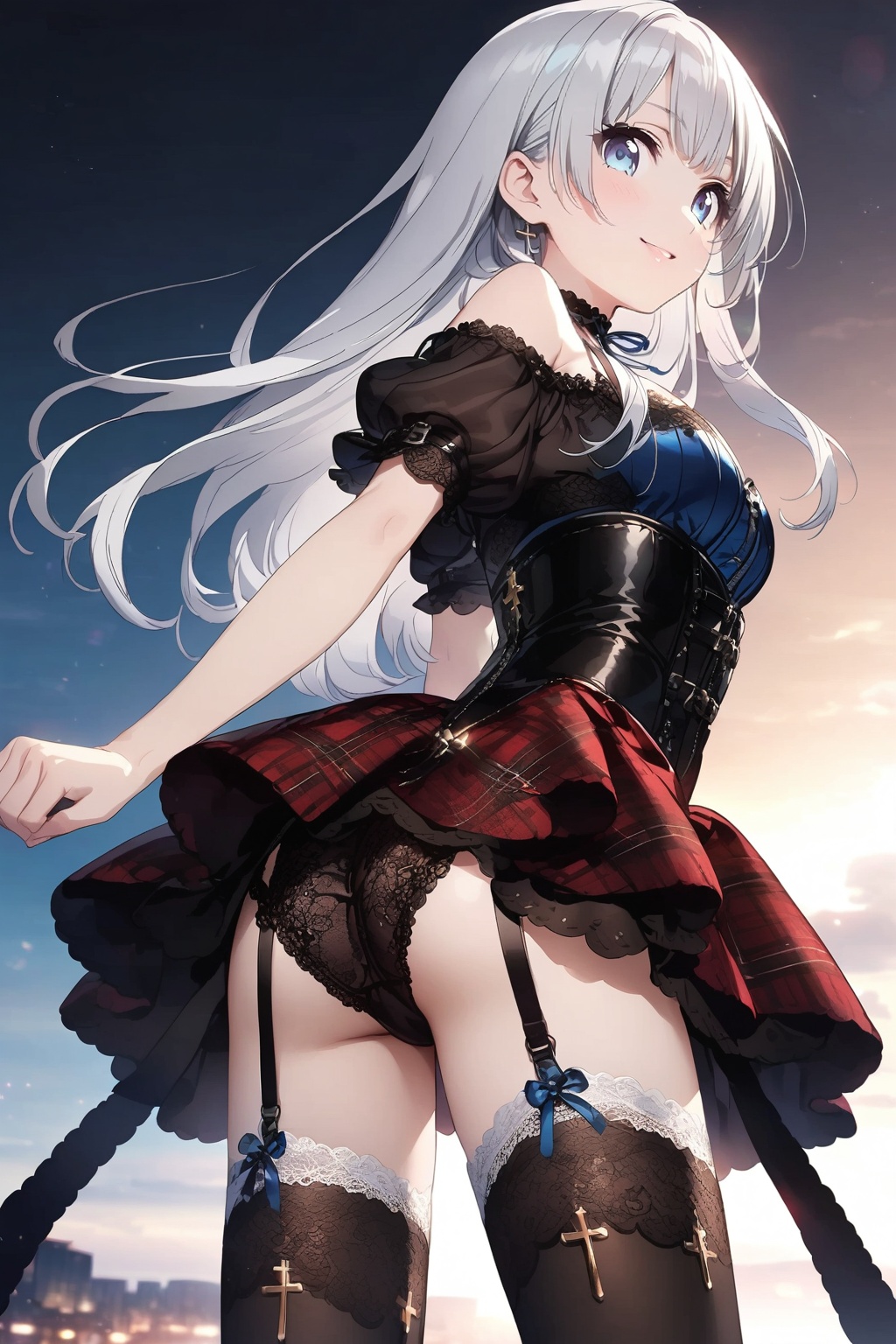 A smiling anime-style girl with long pale silver hair. Blue eyes. She is wearing a red and black outfit. The zippered top...