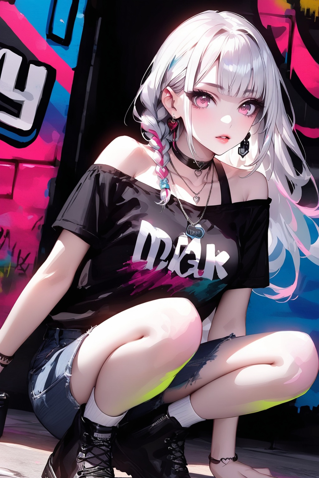 Anime style girl. She has long black and white hair parted in half,  one girl,  solo on Tensor.Art
