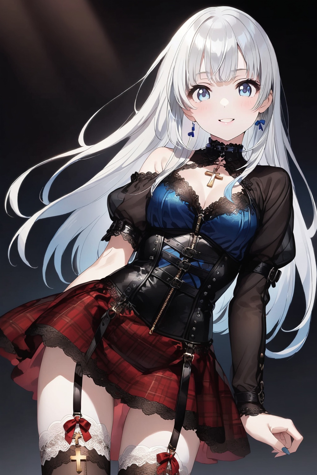 A smiling anime-style girl with long pale silver hair. Blue eyes. She is wearing a red and black outfit. The zippered top...