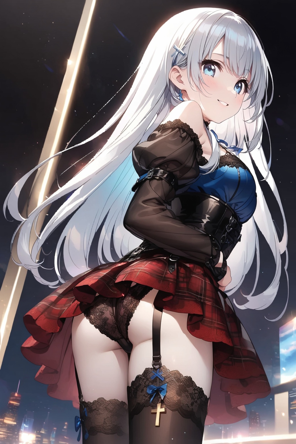 A smiling anime-style girl with long pale silver hair. Blue eyes. She is wearing a red and black outfit. The zippered top...