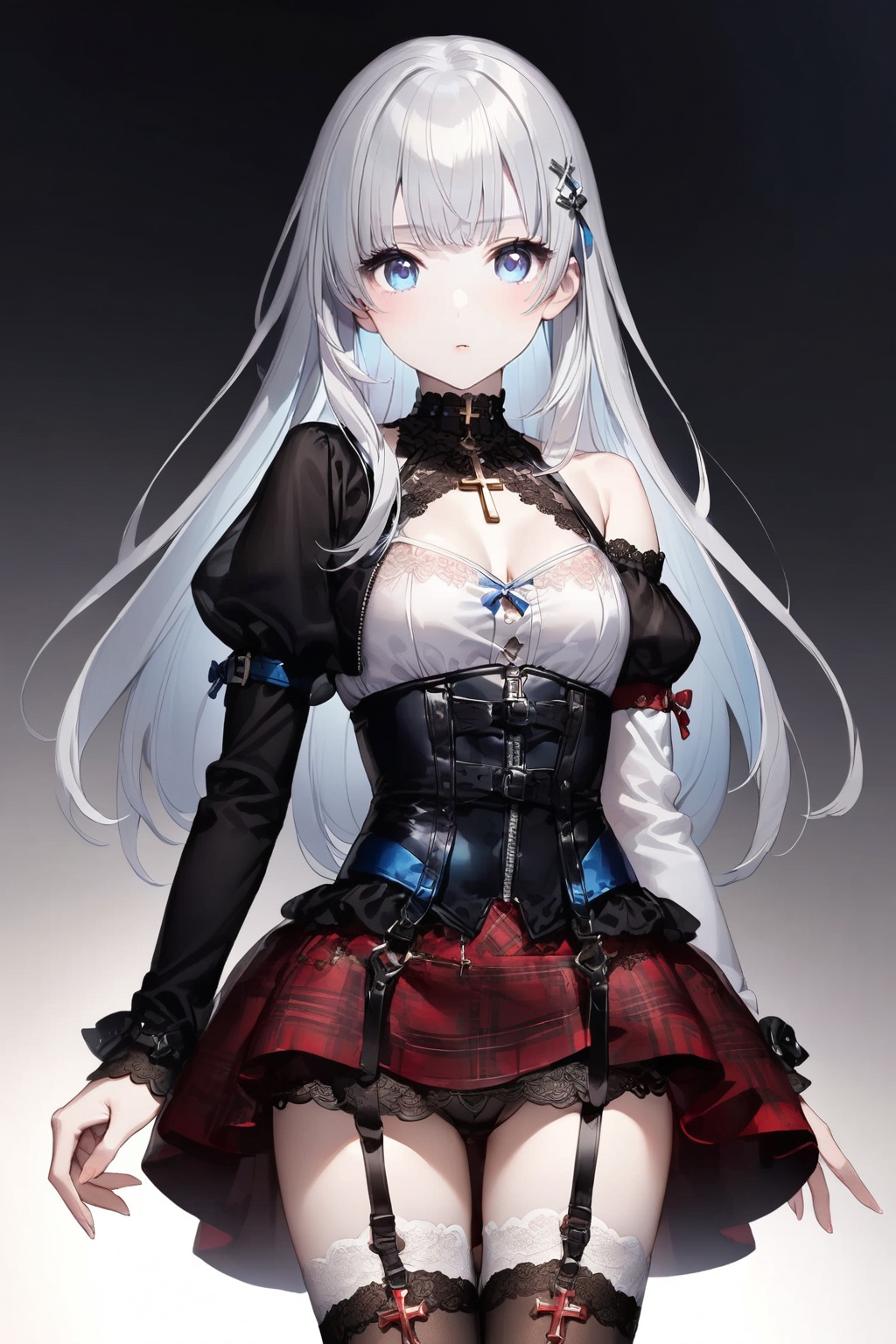 A pale silver long hair anime style girl. Blue eyes. She wears a red and black outfit. The zippered top is a corset-like w...