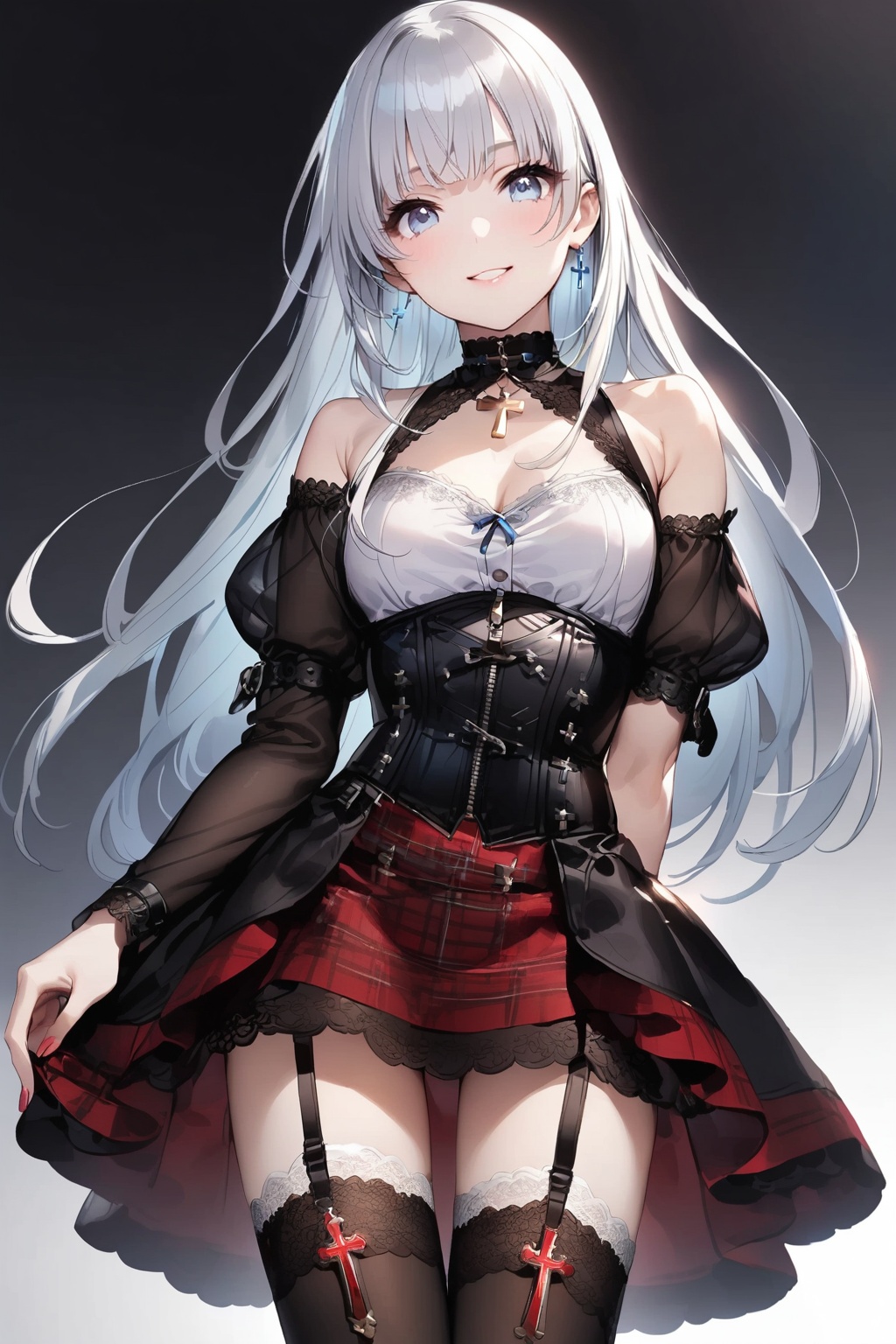 A smiling anime-style girl with long pale silver hair. Blue eyes. She is wearing a red and black outfit. The zippered top...