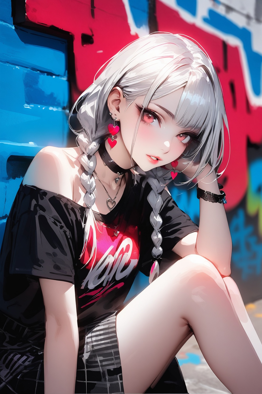Single girl with long white and black hair parted in half,  solo,  long hair on Tensor.Art