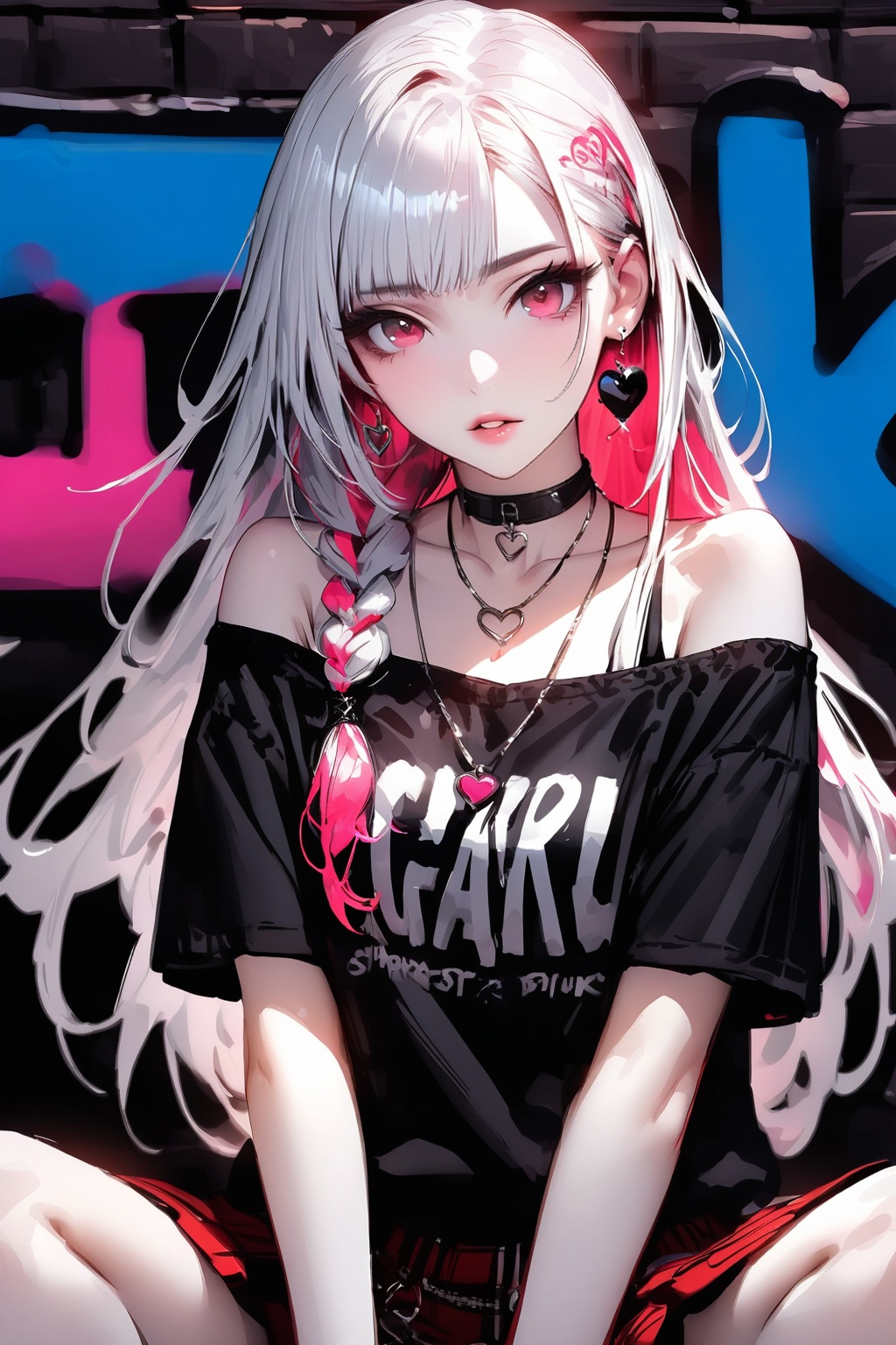 Single girl with long white and black hair parted in half,  solo,  long hair on Tensor.Art