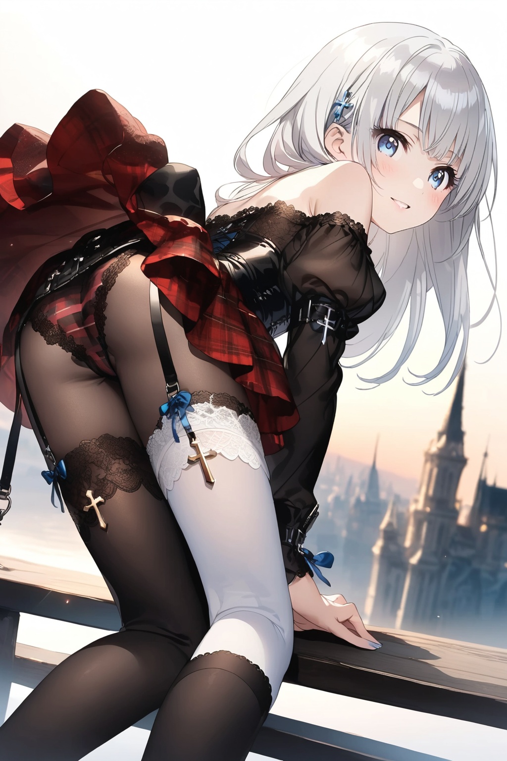 A smiling anime-style girl with long pale silver hair. Blue eyes. She is wearing a red and black outfit. The zippered top...