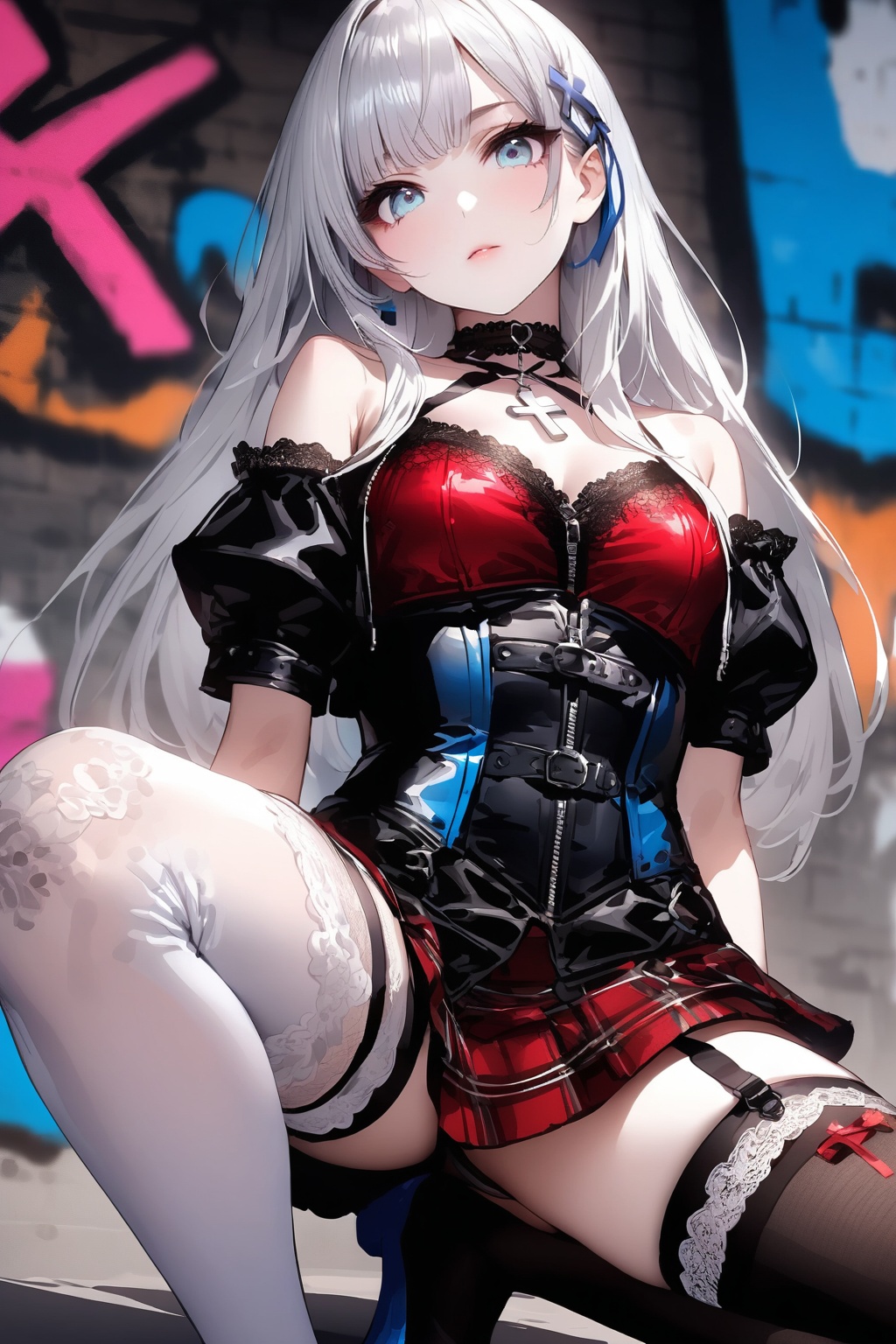 An anime-style girl. She has long pale black and white hair parted in half and blue eyes. She wears a red and black outfit...