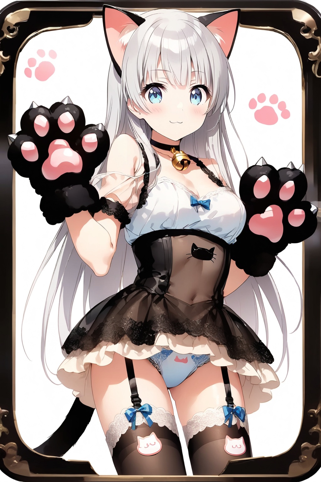 A cheerful and lively anime-style girl. She has long pale silver hair and blue eyes. She blushes and smiles. Her top is ro...
