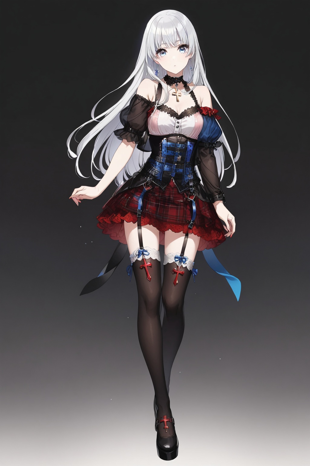 A bright anime-style girl. She has long pale silver hair. Blue eyes. She wears a red and black outfit. Her zippered top is...