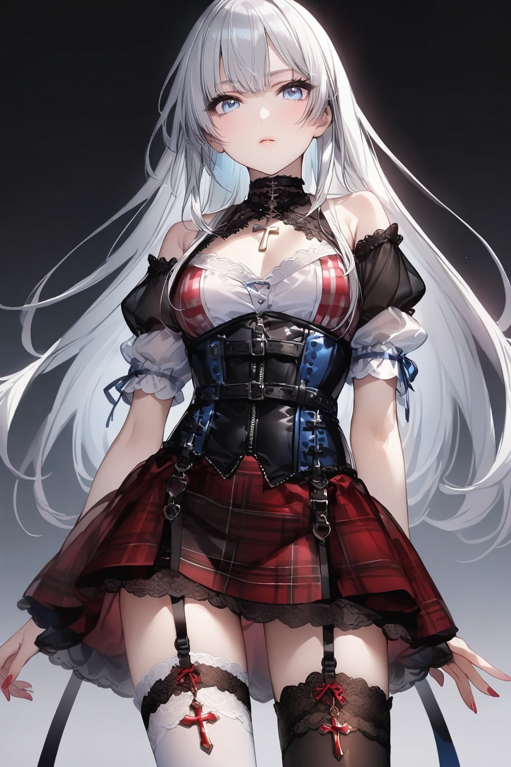 An anime-style girl with long hair of pale black and white color that is split in half. Blue eyes. She is wearing a red an...