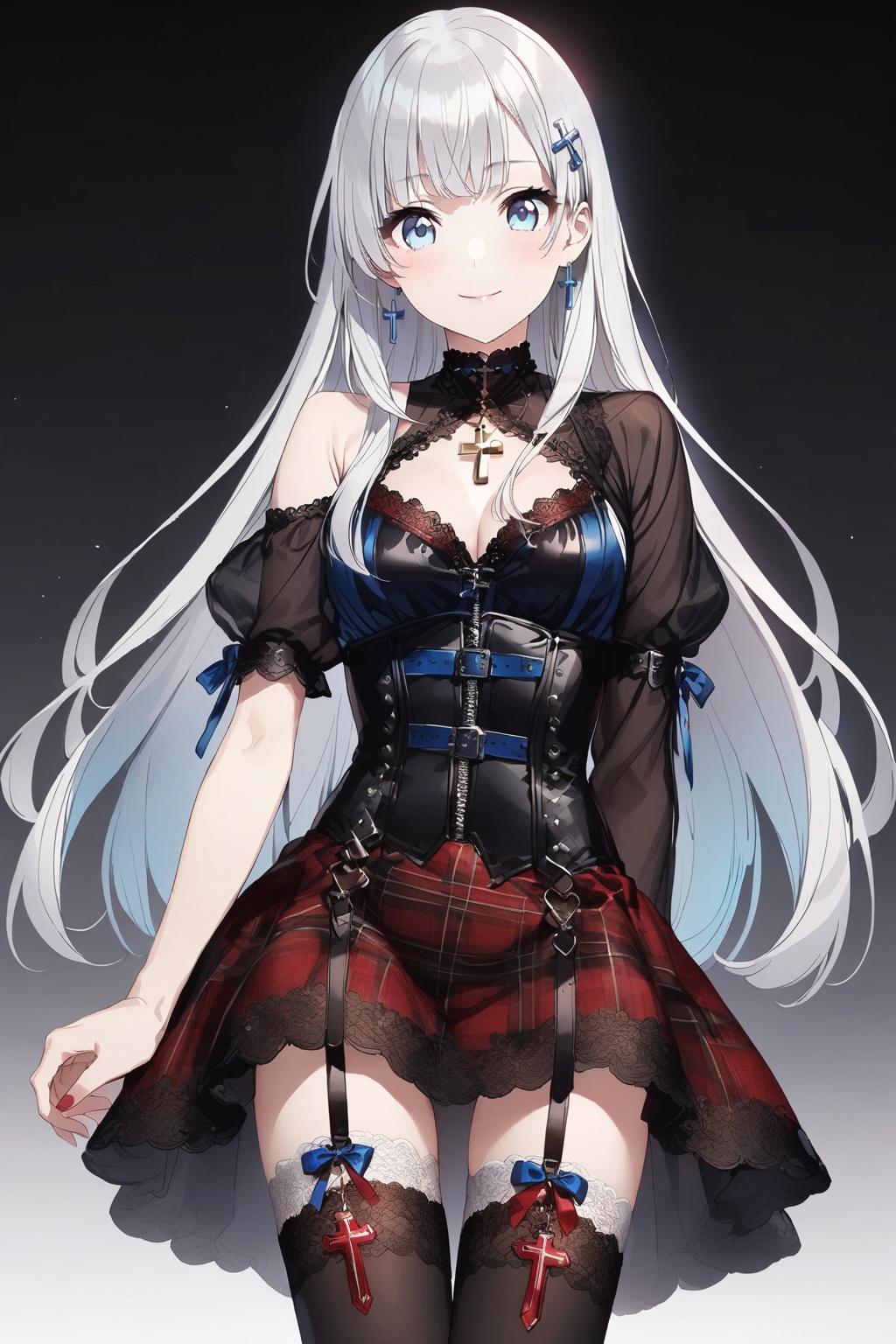 A smiling anime-style girl with long pale silver hair. Blue eyes. She is wearing a red and black outfit. The zippered top...
