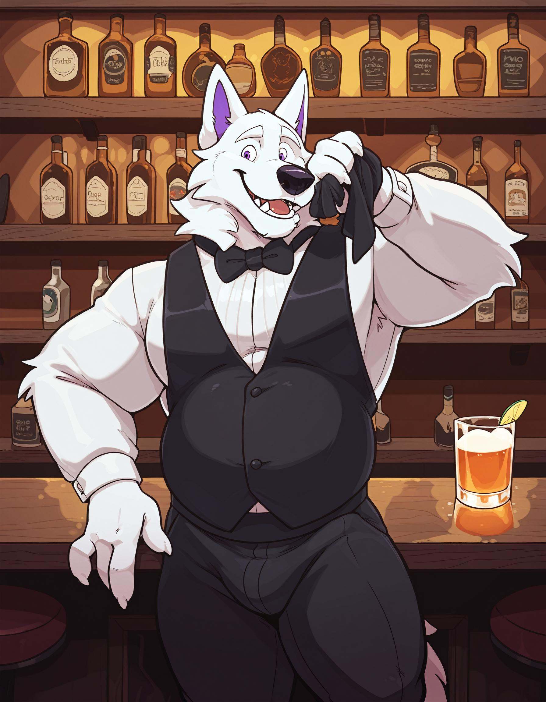 1boy,  by haps. A drawing of a male anthro white wolf wearing a white tuxedo while tending to the patrons of a bar as a ba...