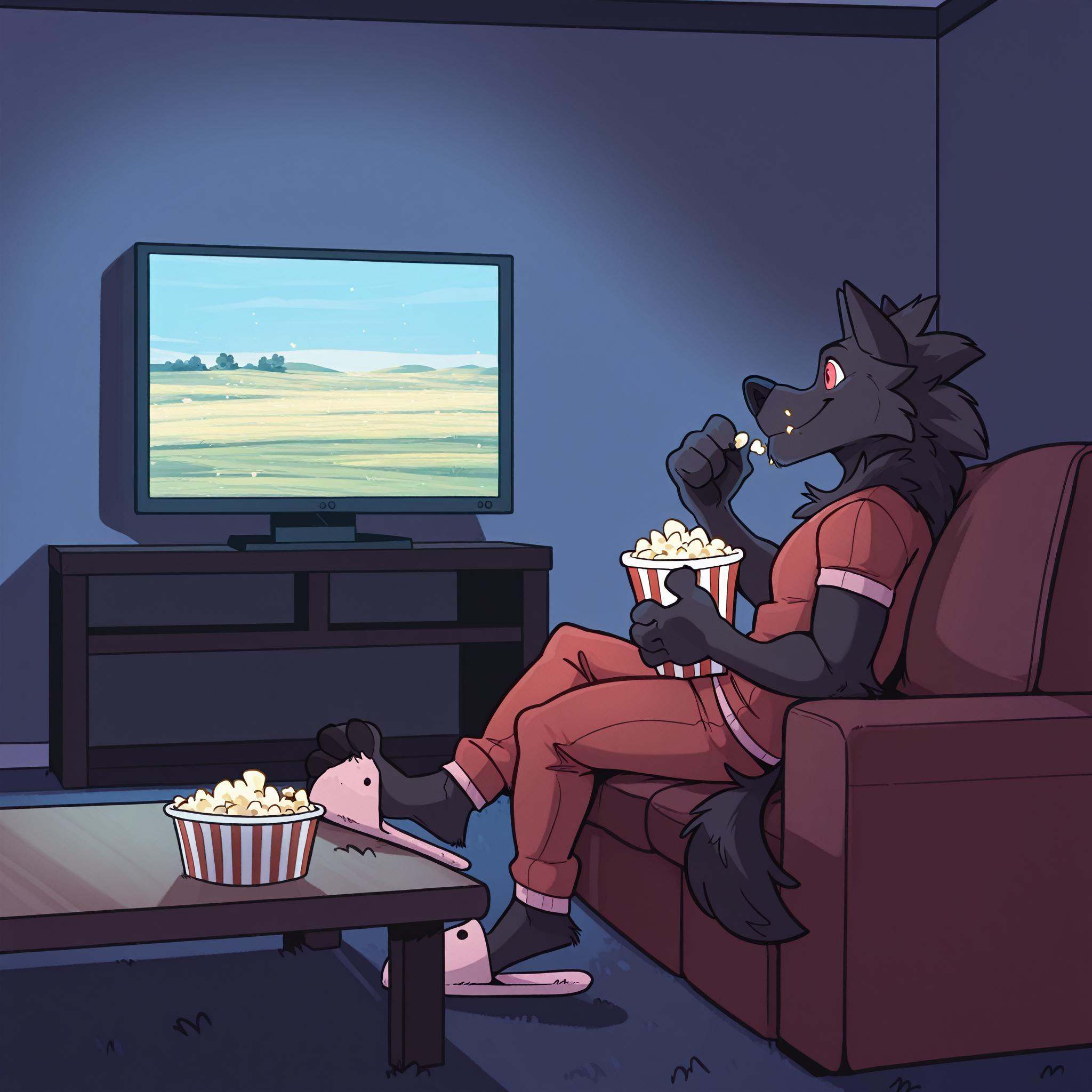 1boy,  by haps. A drawing of an anthro leon_(i_think_i_like_you) in the safety of his own home while he is relaxing on the...