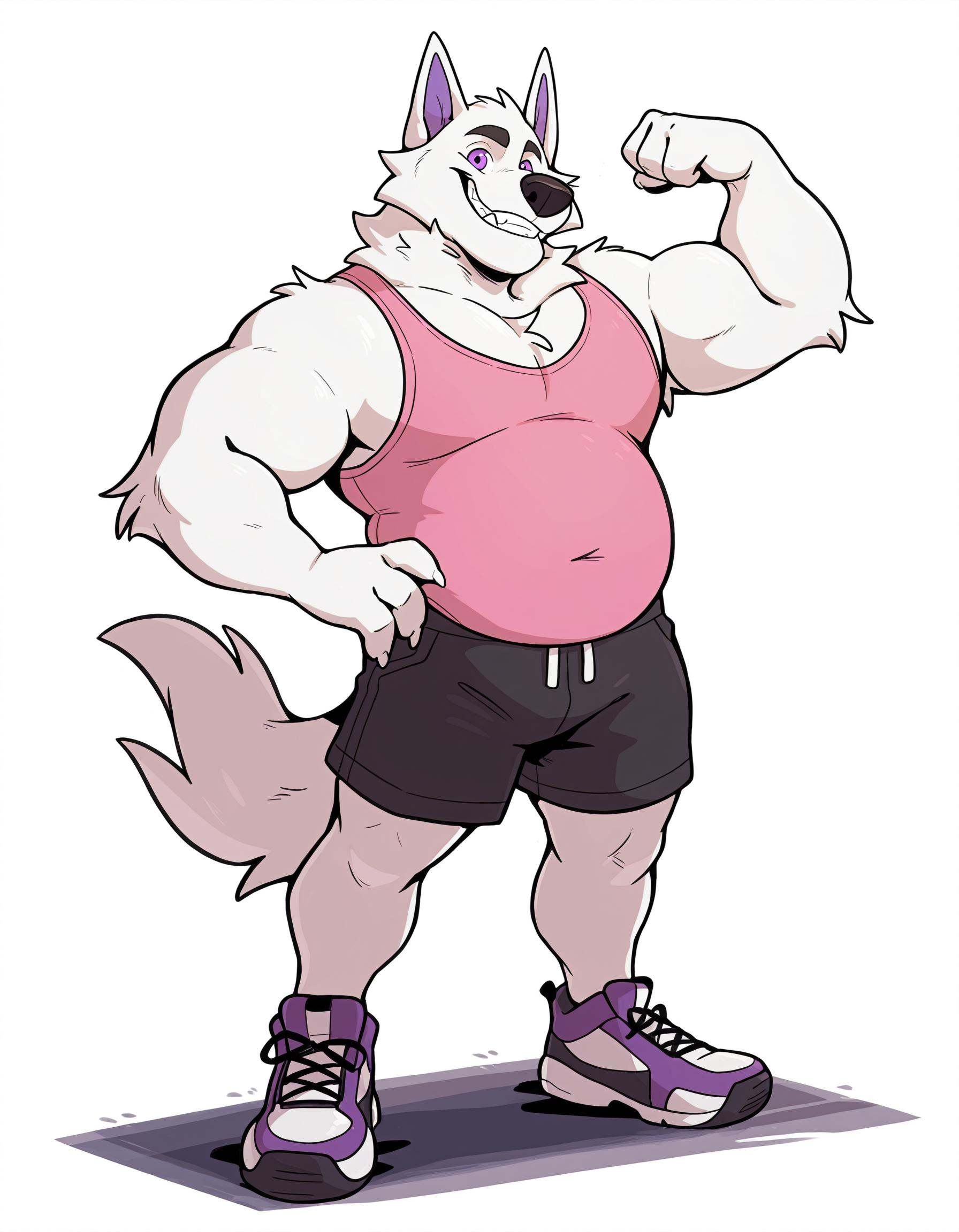 1boy,  by haps. A drawing of a male anthro white wolf posing confidently for the viewer. He is wearing a pink ****-top and...