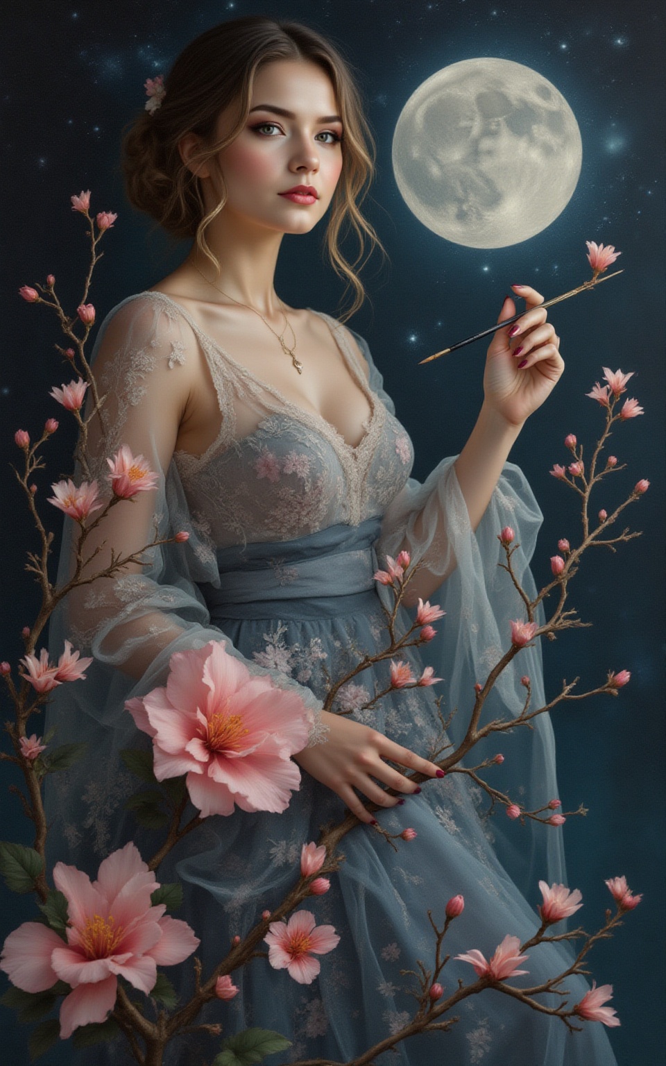A sensual beauty,  a calligrapher of elegance,  wields her delicate brush with precision and finesse. As the moon casts it...