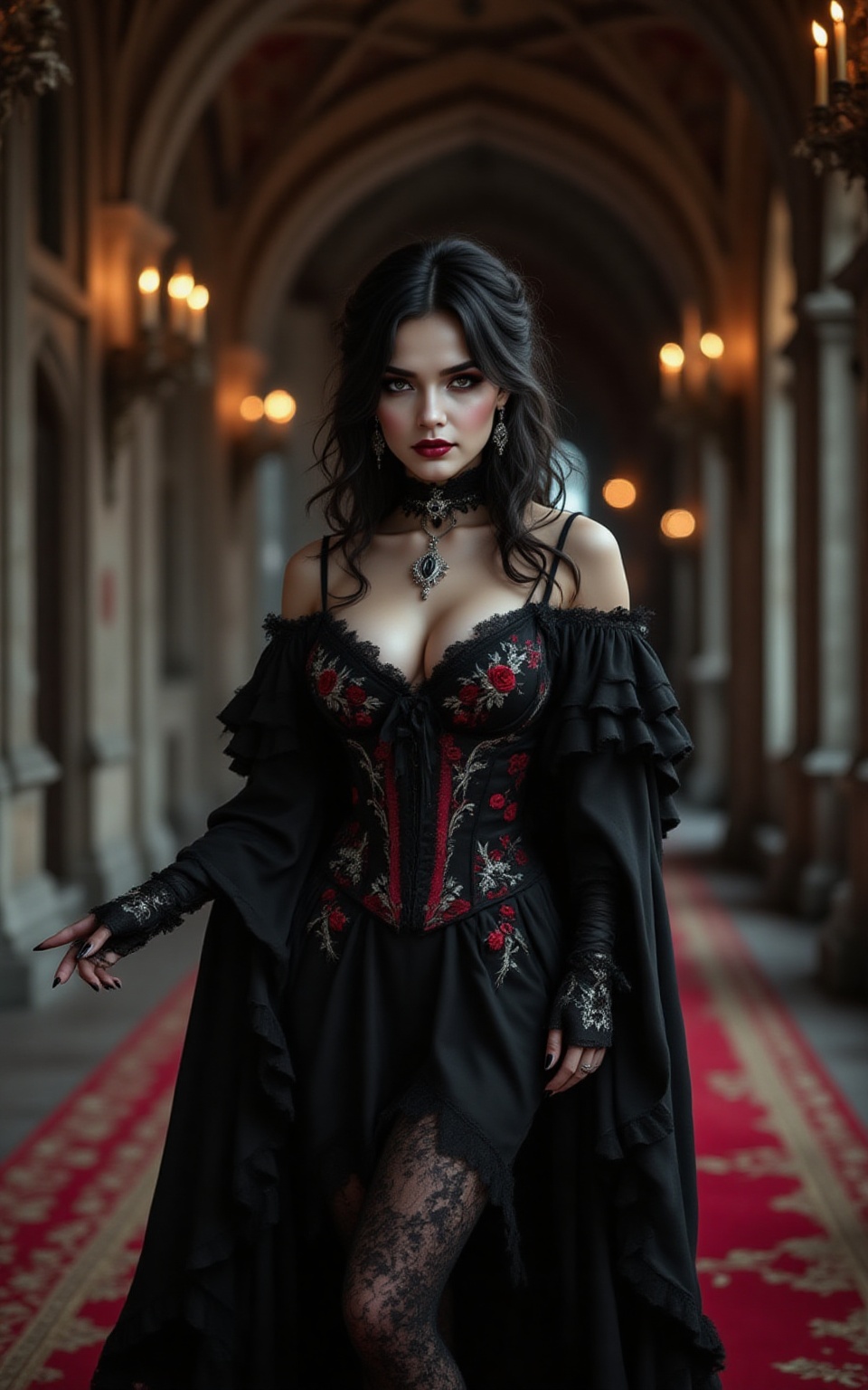 Create a hyper-realistic,  cinematic full body shot of a young woman embodying a powerful,  Victorian gothic vampire icon...