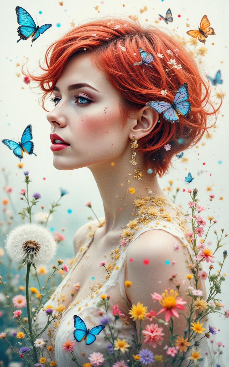 Full body from the knees up. Surrealist art masterpiece,  beautiful woman with red short haircut,  spring fairy on Tensor.Art