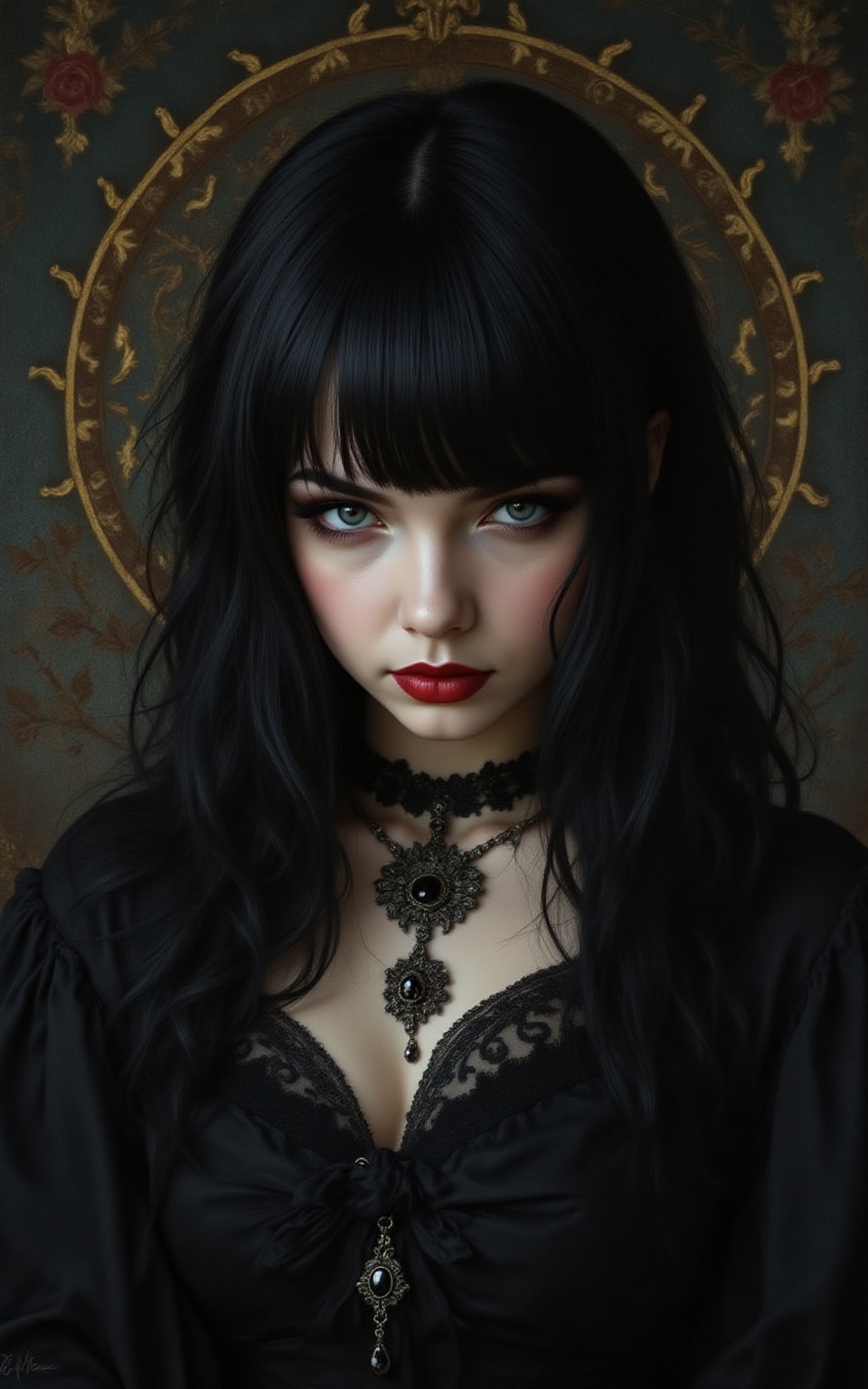 Renaissance style oil painting of a young Goth woman with black hair with dark red lipstick wearing a beautiful black dres...