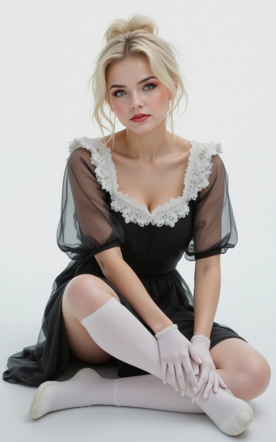 A n editorial photoshoot of a young woman seated,  her expression serene and her posture relaxed. The image's composition...