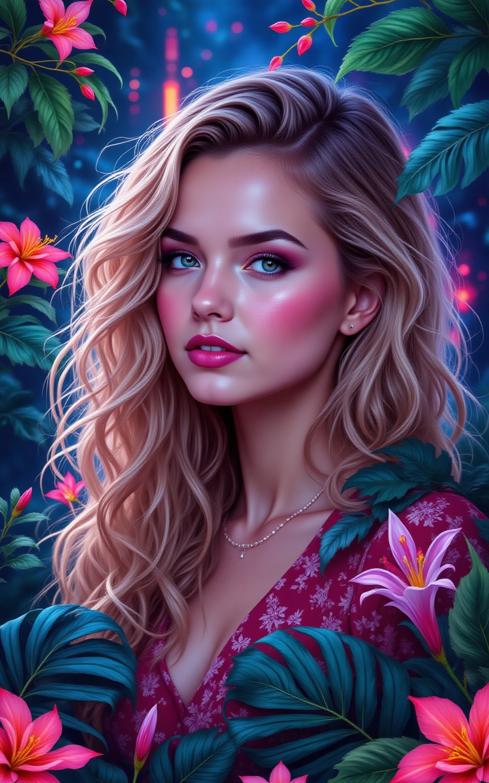 Illustration of the face and shoulders of a beautiful young woman with long curly blonde hair surrounded by jungle plants,...