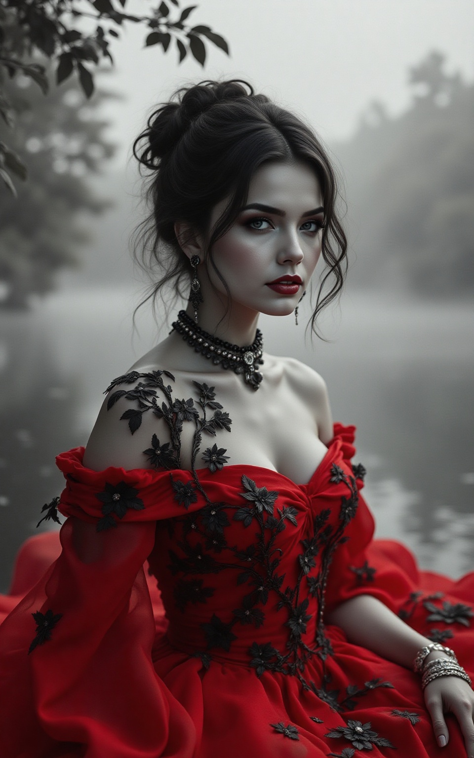 The image is a captivating editorial portrait that blends classic glamour with a modern,  artistic twist,  presented in a...