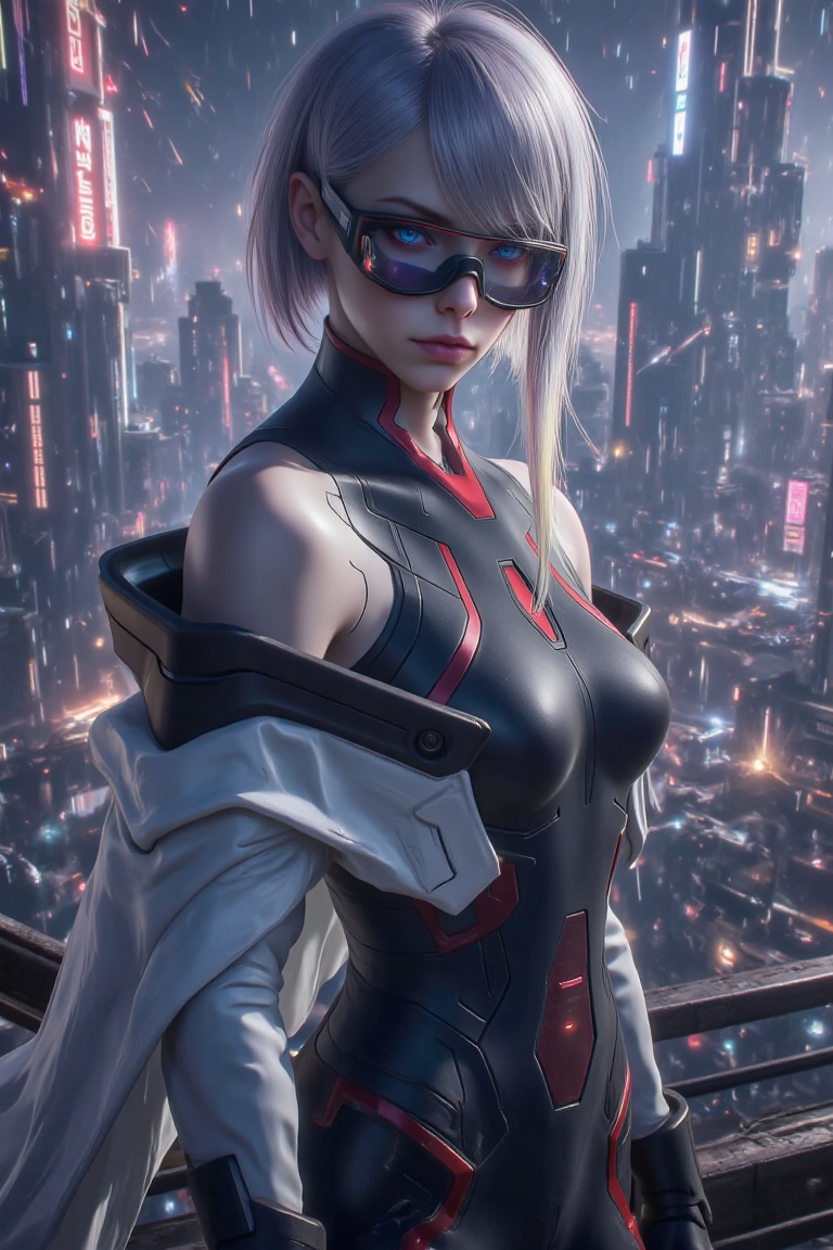 ultra-realistic half-body portrait of a futuristic female netrunner standing in a burning cyberpunk city at night,  silver...
