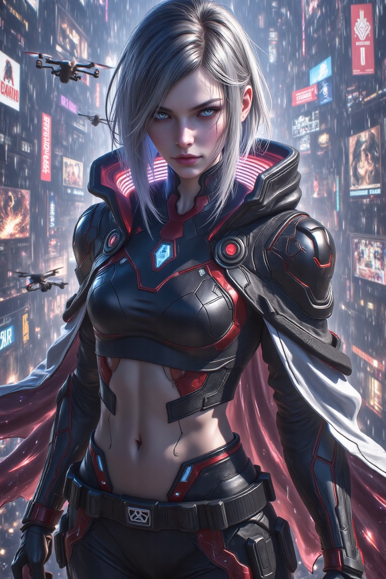 ultra-realistic half-body portrait of a futuristic female netrunner standing in a burning cyberpunk city at night,  silver...