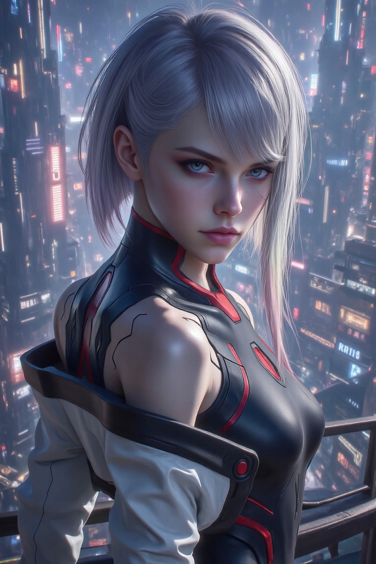 Side view,  ultra-realistic portrait of a futuristic female netrunner in a neon-lit cyberpunk city at night,  silver asymm...