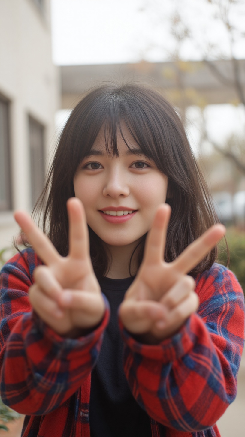 The image is a portrait of a young woman with shoulder-length dark hair and bangs. She is wearing a red and blue plaid shi...