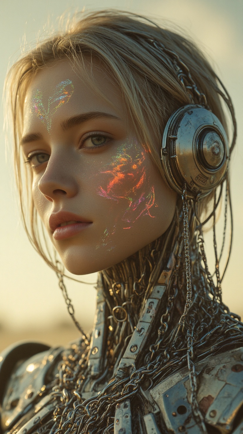 (angelic android) with young alien face,  wearing Retro-Chic chainmail,  cybernetic Holographic tattoos emitting radiant e...