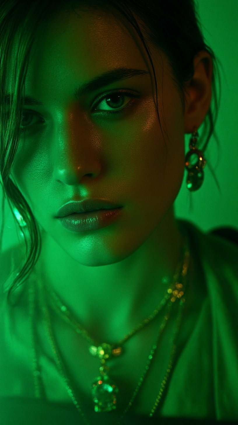 close-up beauty shot for Vogue Italia,  featuring a model with luminous skin adorned with layered gold and emerald jewelry...
