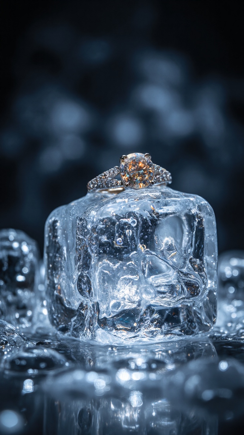 A close-up shot of a gleaming ice cube,  its crystalline structure glistening like tiny diamonds. A majestic diamond ring...