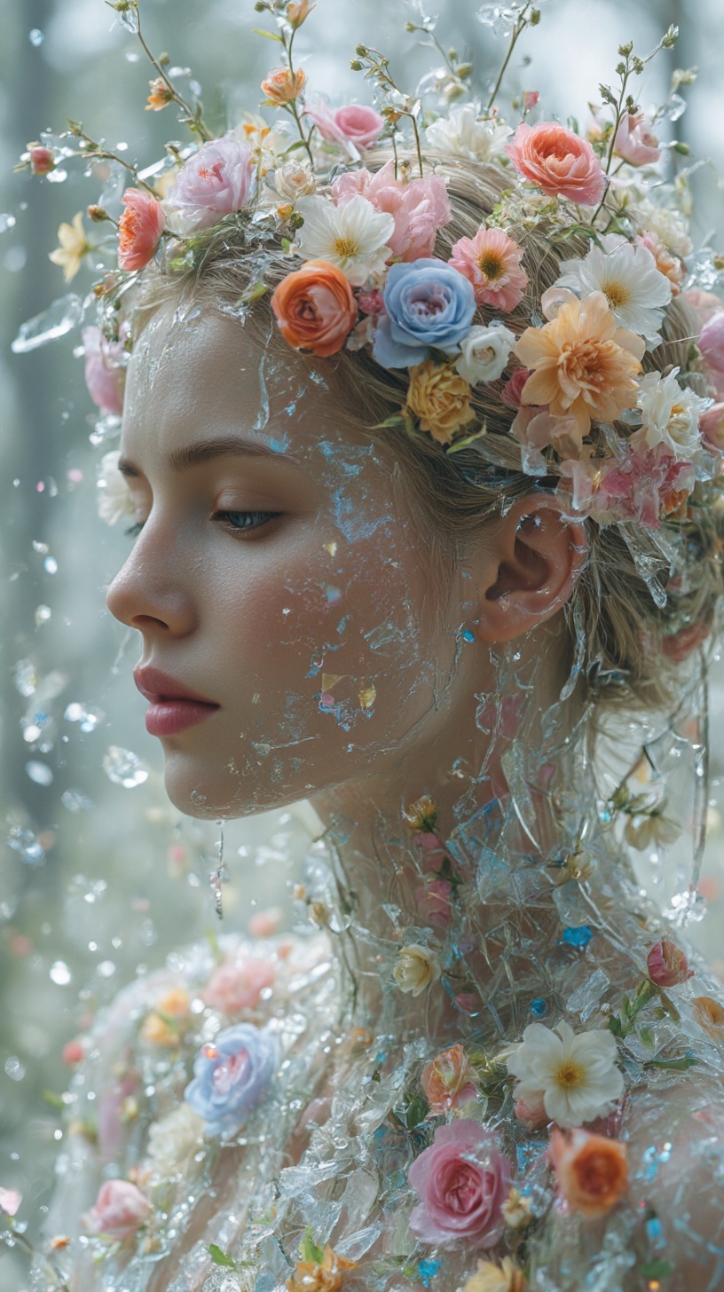 This is a masterpiece of surrealism,  where a beautiful woman made of translucent crystalline material shatters outward,...