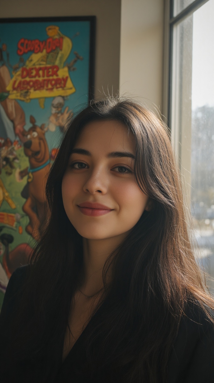 The cinematic of a long black haired woman and smiling softly,  with a large 90s cartoon poster such as Scooby-doo and Dex...
