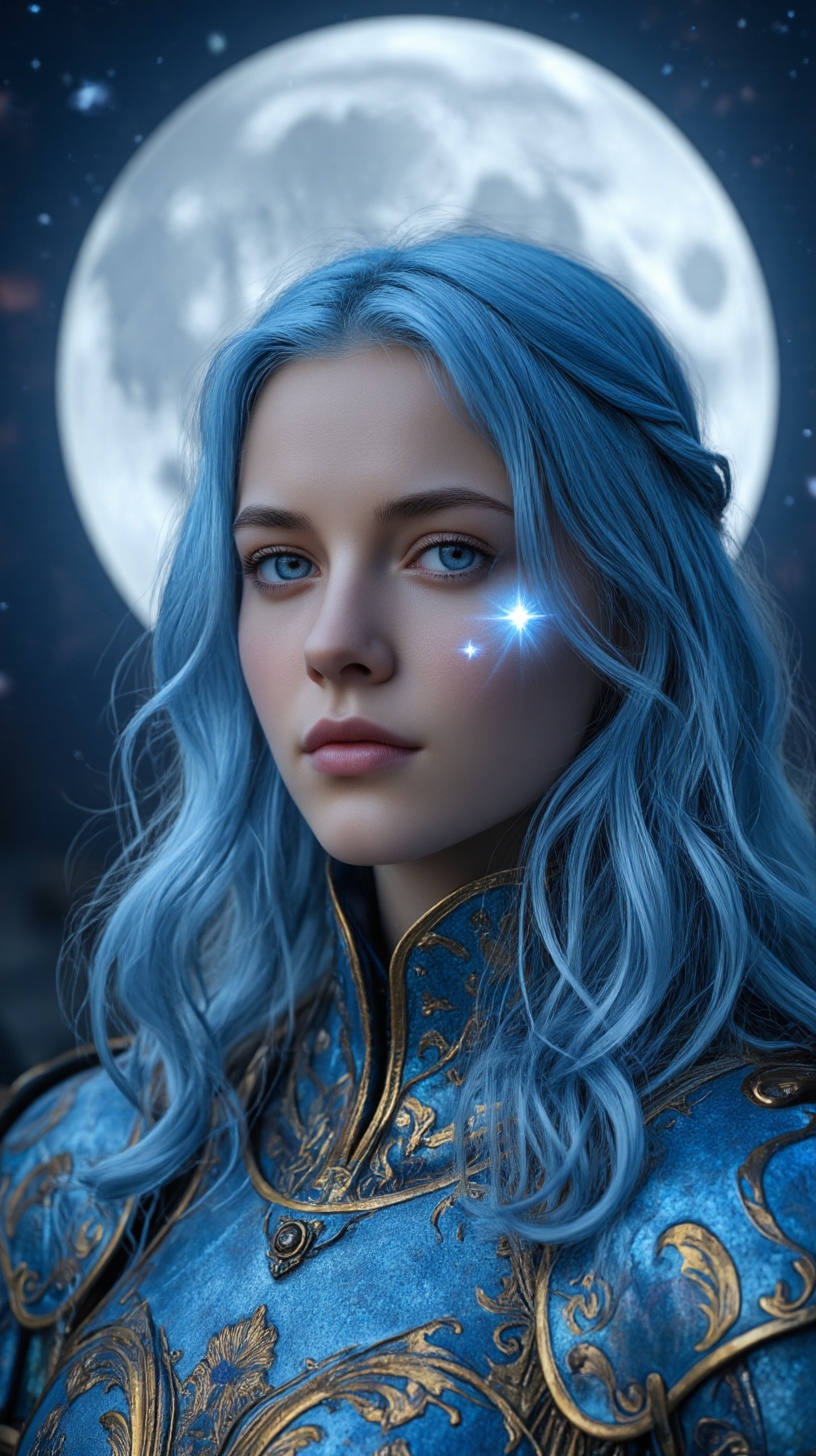 This is a stunning photo of a woman with blue hair and blue eyes,  regal and ethereal. She is dressed in ornate,  blue arm...
