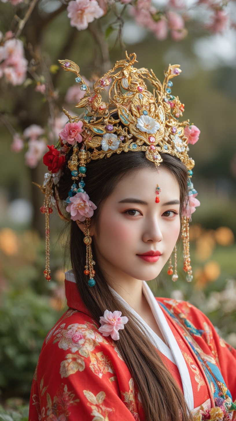 Beautiful oriental girl,  wearing a gorgeous and exquisite golden flower eight-treasure phoenix crown,  wearing red clouds...