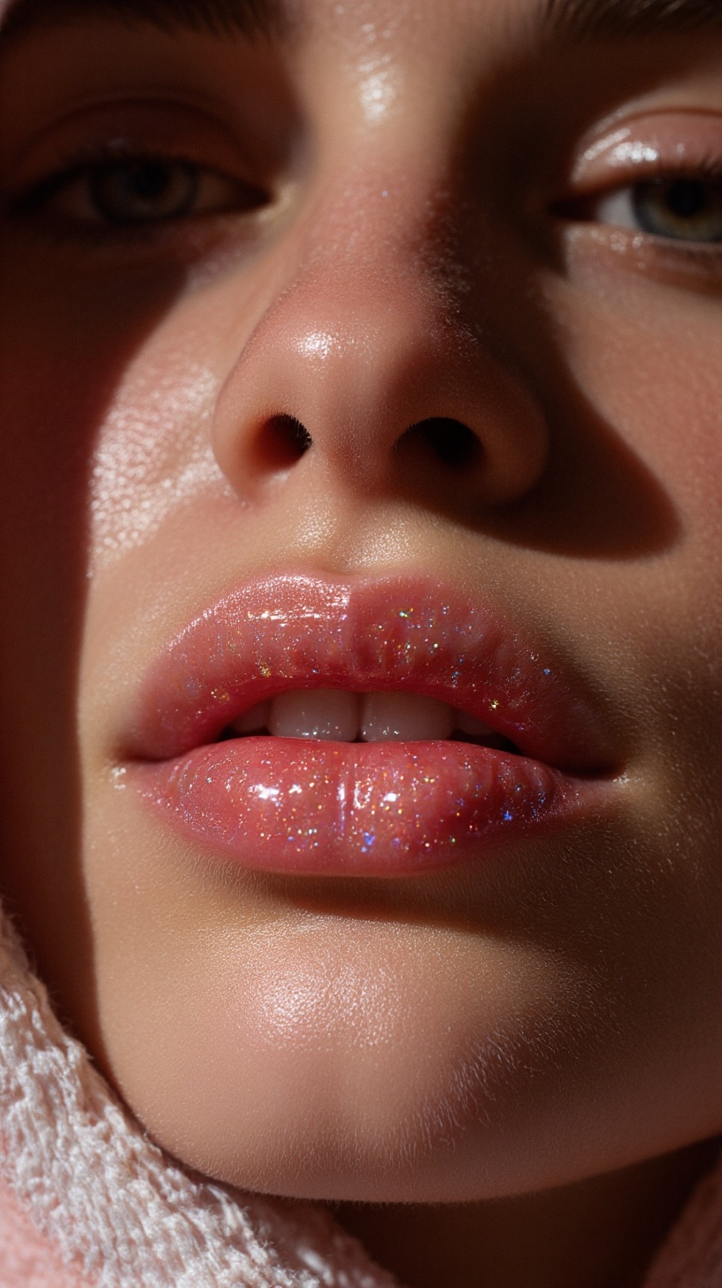 A tantalizing extreme close-up of the lower face,  showcasing full,  gleaming lips wet with shimmering on Tensor.Art