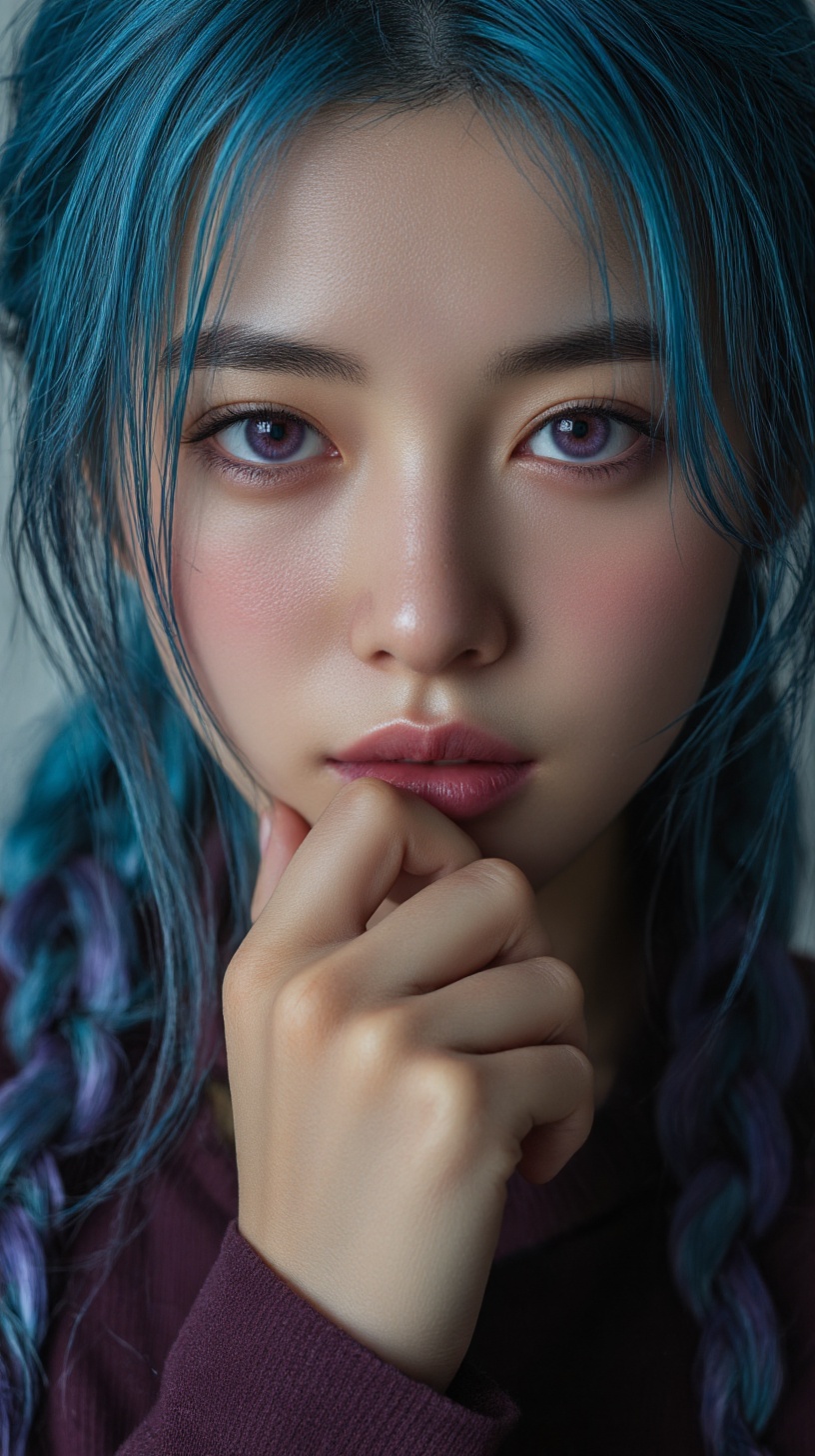an ultra-realistic portrait of a blue-green gradient-haired chinese beauty girl with intense purple eyes and fingers touch...
