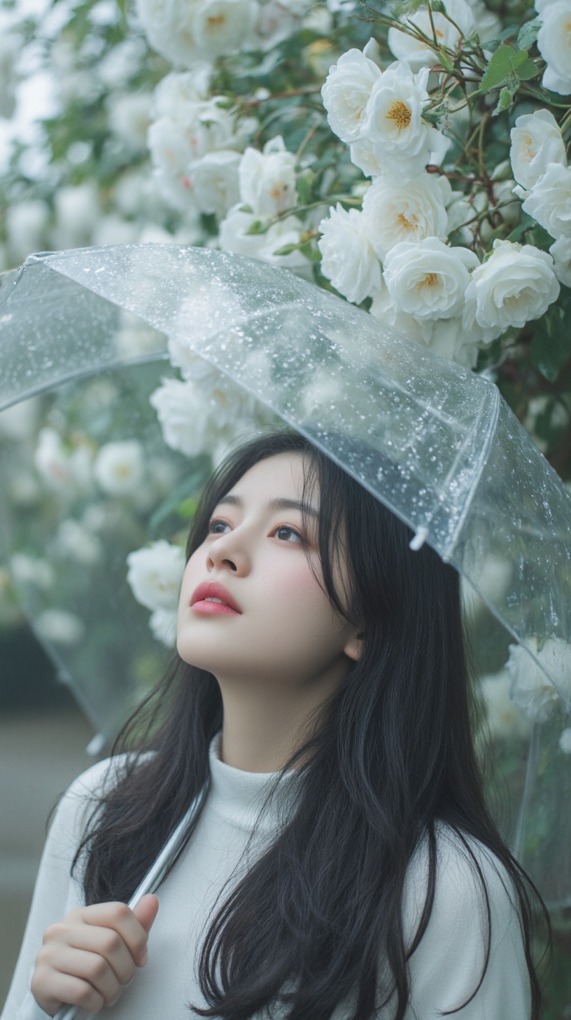 A young woman with long black hair and pale skin stands under a canopy of white roses,  holding a clear umbrella. She gaze...