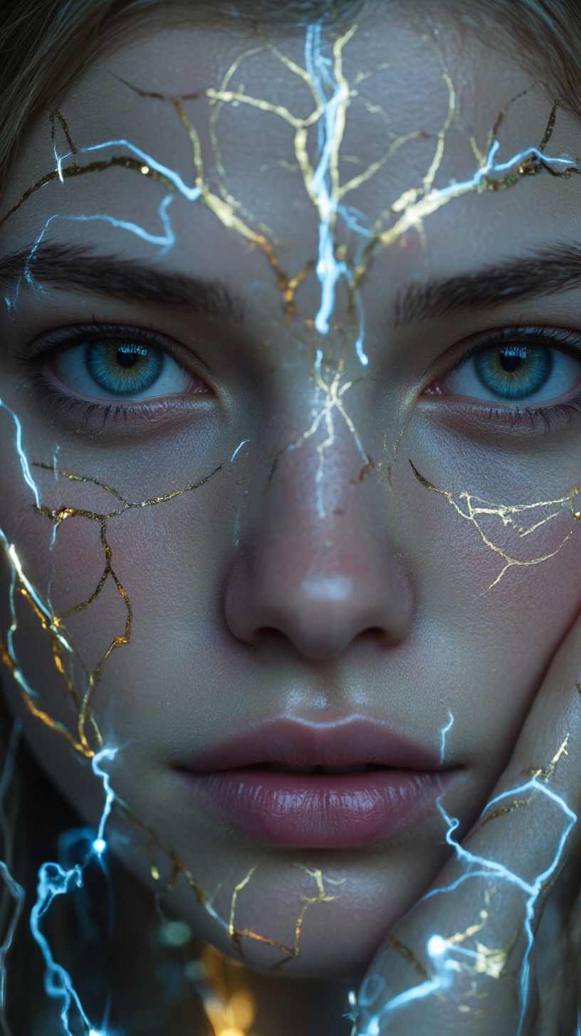 Create a highly detailed close-up image of a fantasy elf’s face,  blending elements of cinematic art and modern digital de...